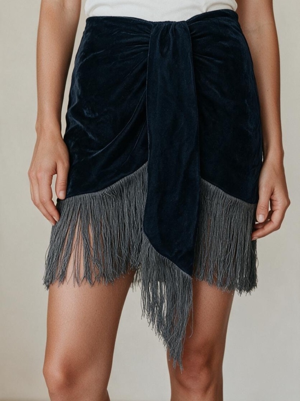 Velvet Fringe Wrap Mini Skirt - black